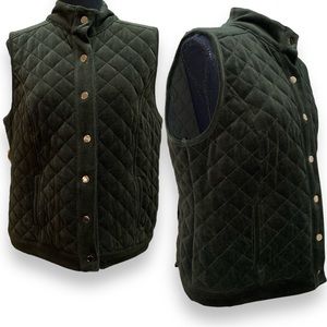 Dark Green Quilted Soft Cozy Velour Vest W/ Gold Tone Snap Front